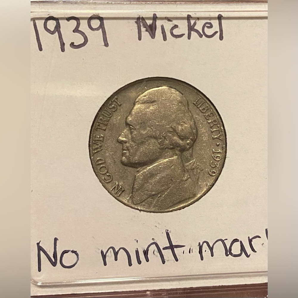 1939 Jefferson Nickel No Mint Mark Five 5 Cent Coin